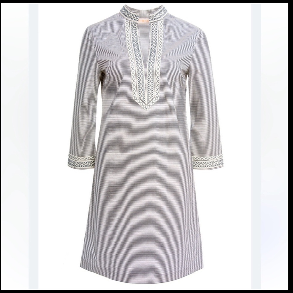 Tory Burch Striped/Embroidered Tunic Dress Navy and White Stripes. Size 6